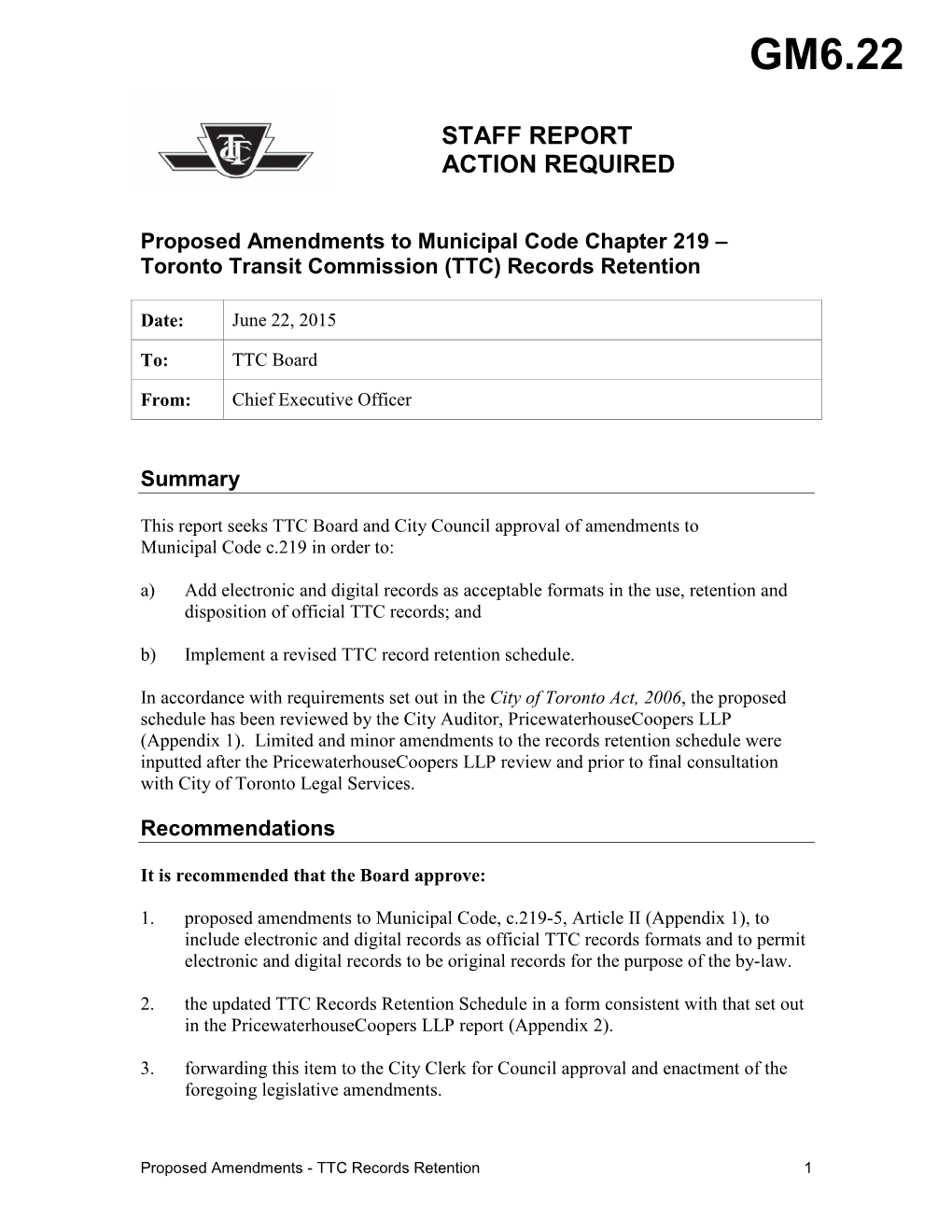 Proposed Amendments to Municipal Code Chapter 219 – Toronto Transit Commission (TTC) Records Retention