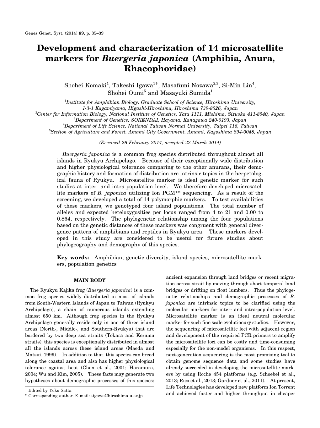 Development and Characterization of 14 Microsatellite Markers for Buergeria Japonica (Amphibia, Anura, Rhacophoridae)