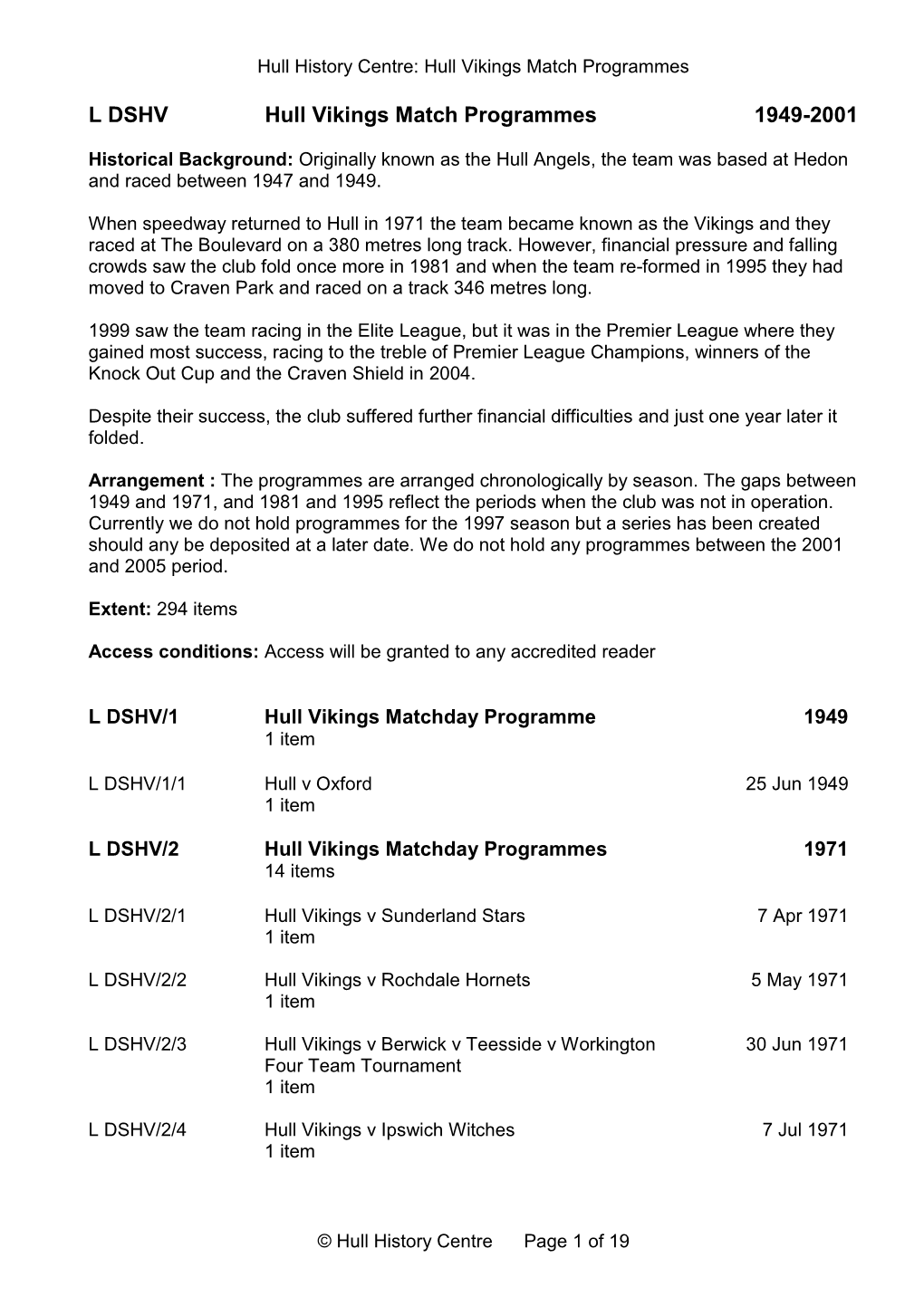 L DSHV Hull Vikings Match Programmes 1949-2001