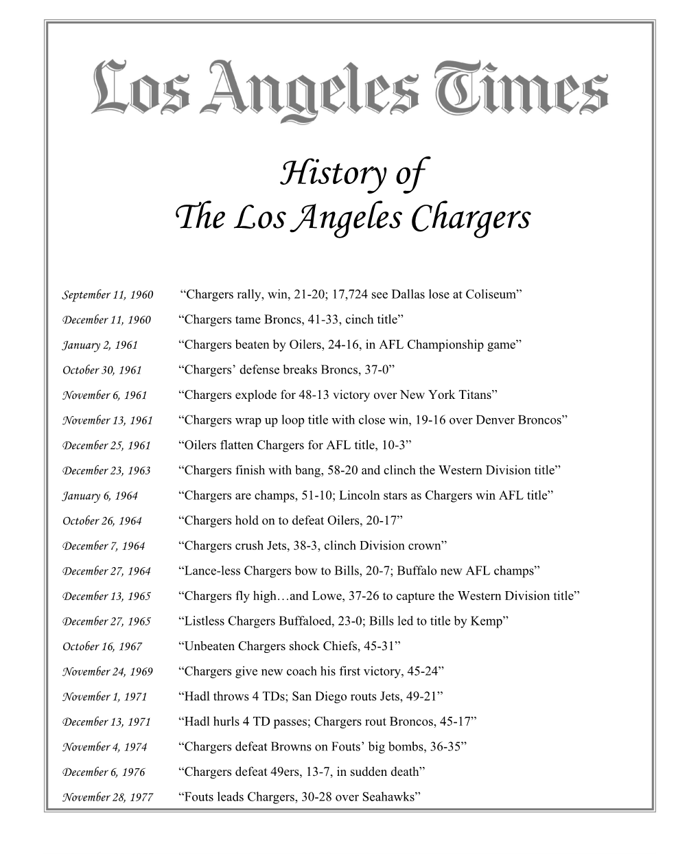 History of the Los Angeles Chargers