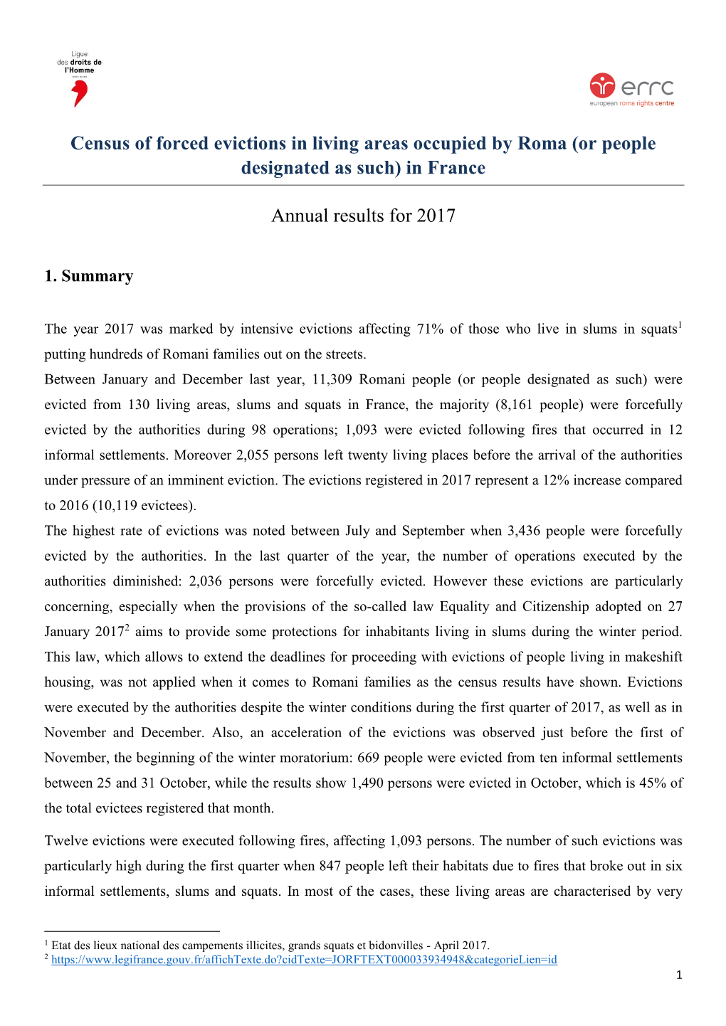 Census of Forced Evictions in Living Areas Occupied by Roma (Or People Designated As Such) in France