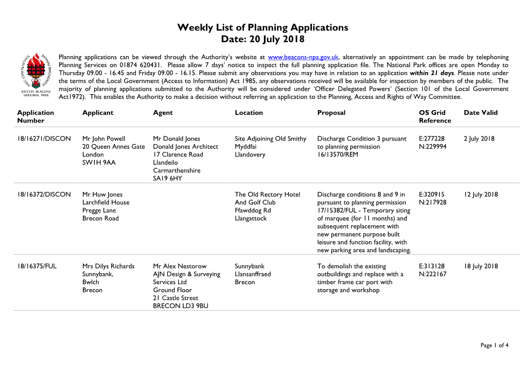 Weekly List of Planning Applications Date: 20 July 2018