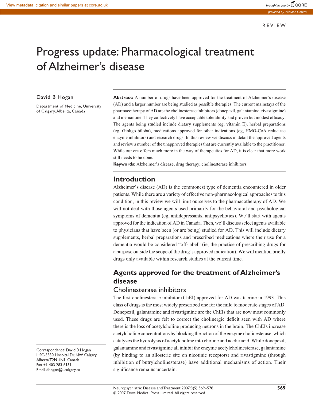 Progress Update: Pharmacological Treatment of Alzheimer's Disease