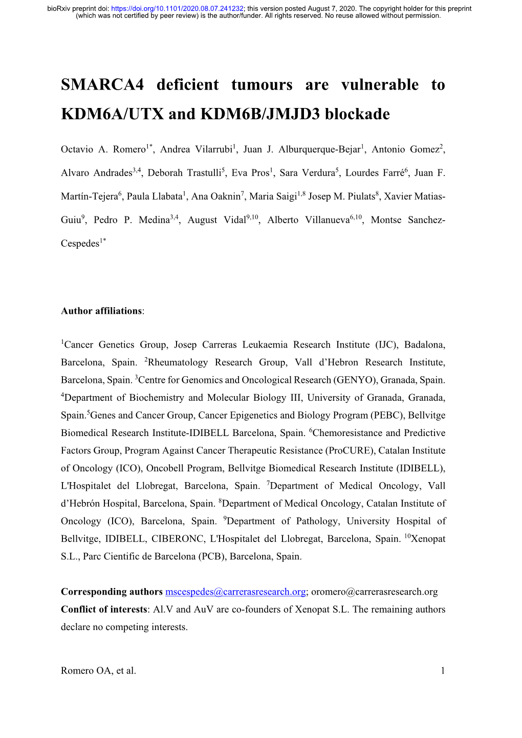 SMARCA4 Deficient Tumours Are Vulnerable to KDM6A/UTX and KDM6B/JMJD3 Blockade