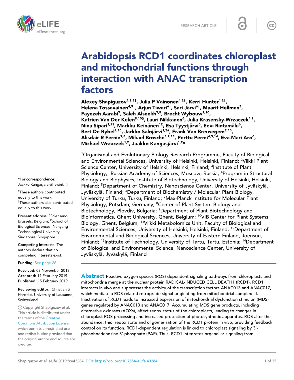 Arabidopsis RCD1 Coordinates Chloroplast and Mitochondrial