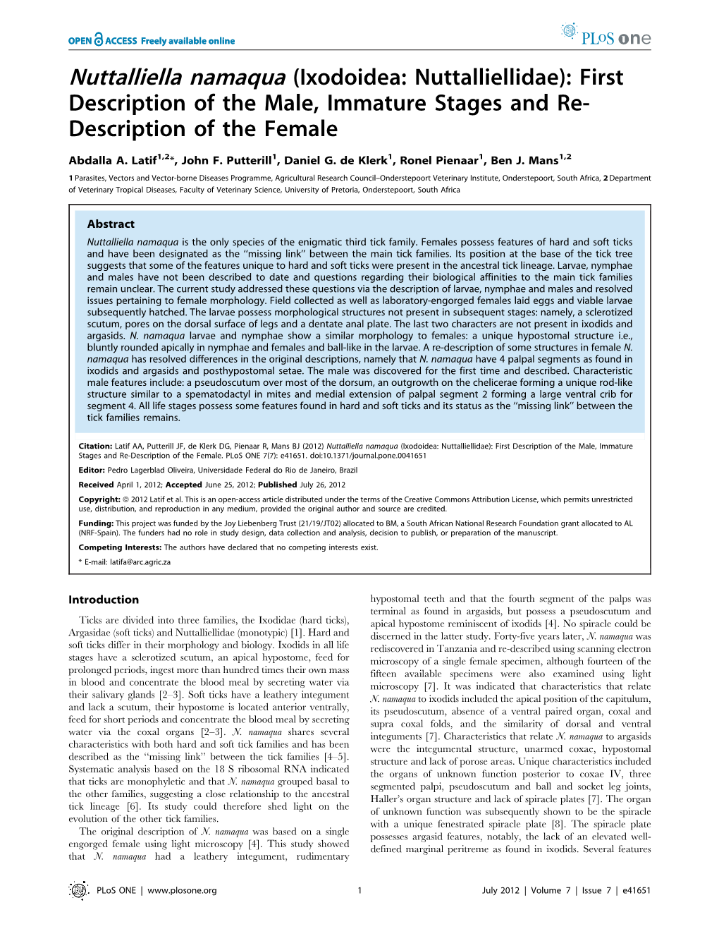 Nuttalliella Namaqua (Ixodoidea: Nuttalliellidae): First Description of the Male, Immature Stages and Re- Description of the Female