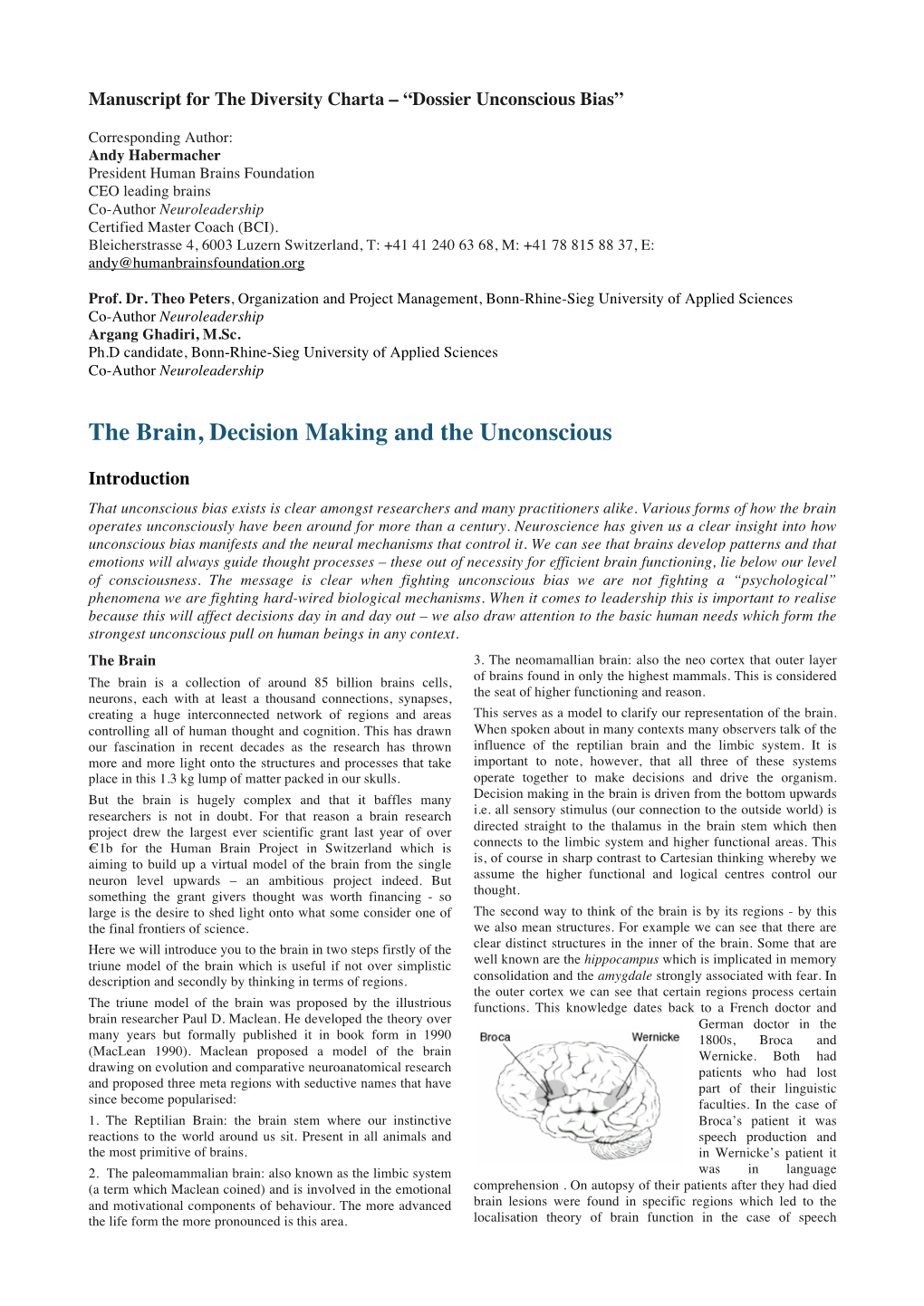 The Brain, Decision Making and the Unconscious