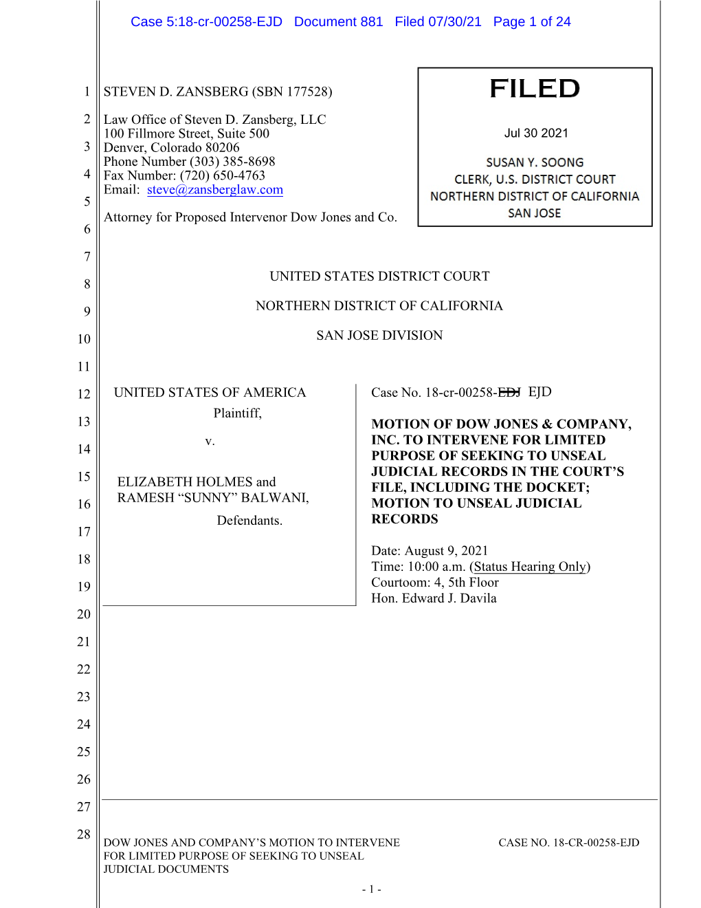 Motion of Dow Jones & Co. to Intervene and Unseal