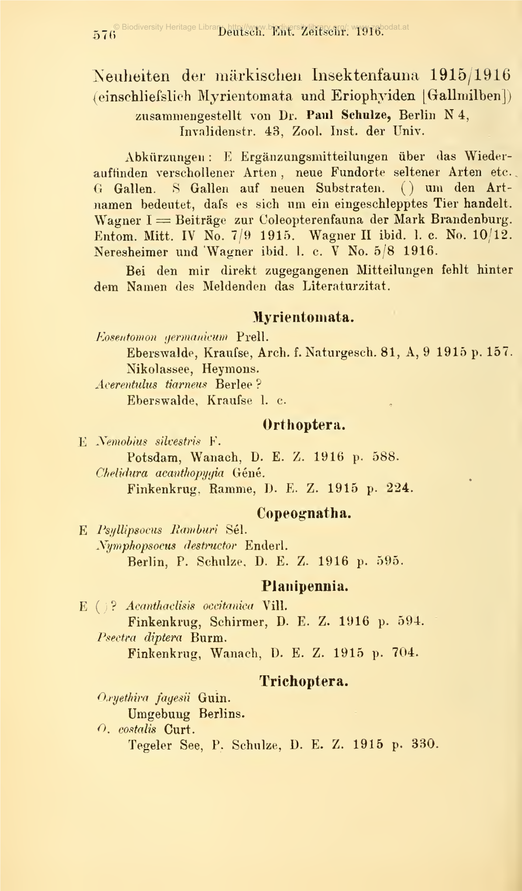 Neuheiten Der Märkischen Insektenfauna 1915/1916