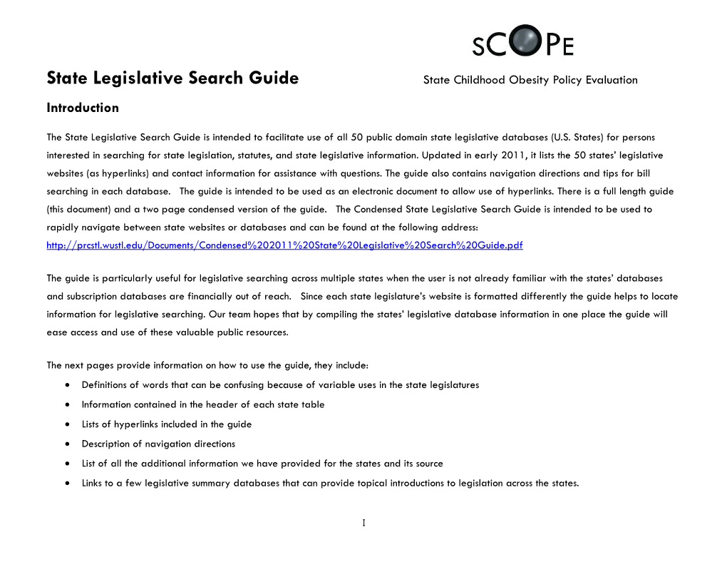 State Legislative Search Guide State Childhood Obesity Policy Evaluation (SCOPE)