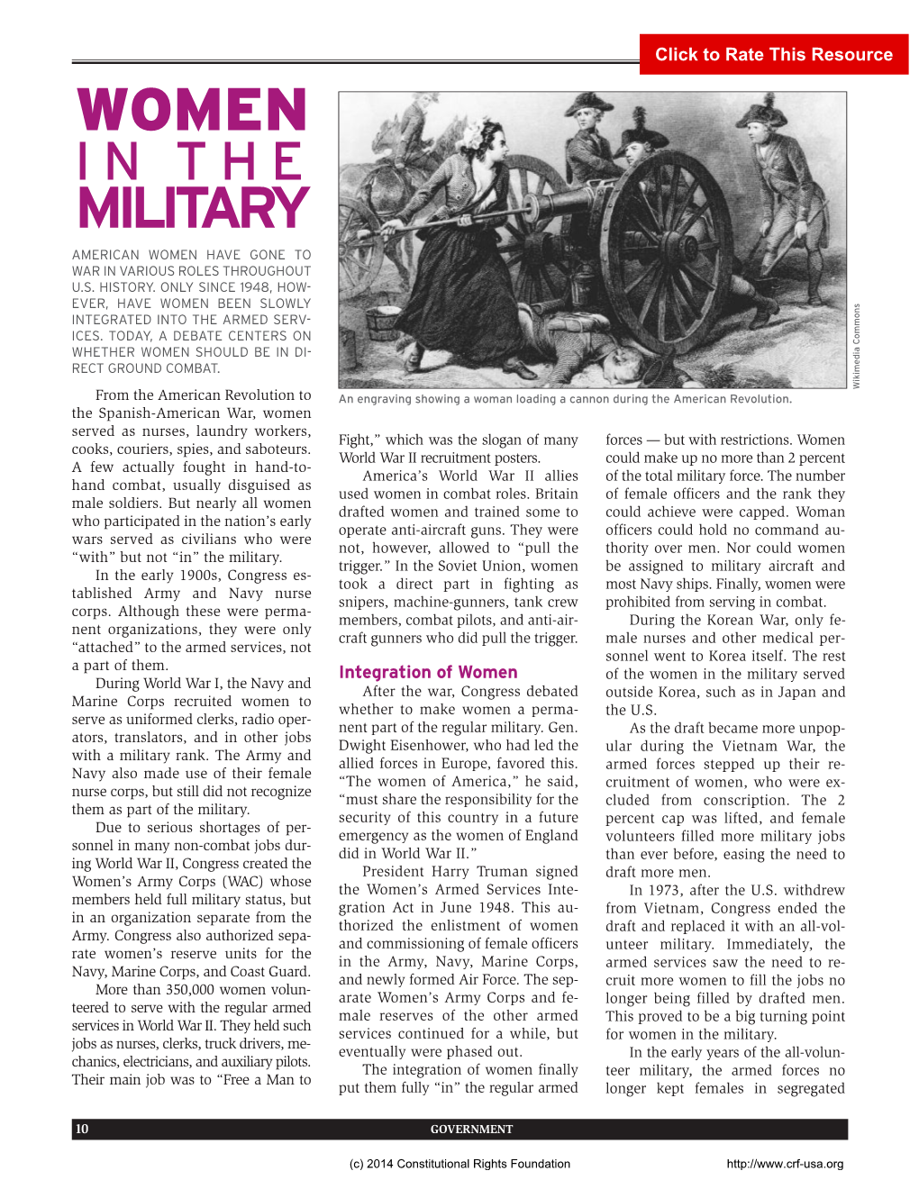 Women in the Military American Women Have Gone to War in Various Roles Throughout U.S