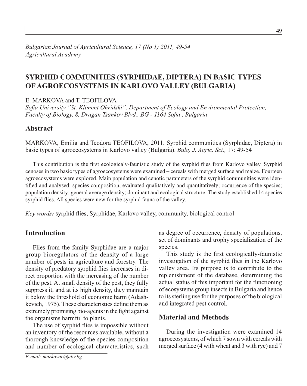 Syrphidae, Diptera) in Basic Types of Agroecosystems in Karlovo Valley (Bulgaria) 49