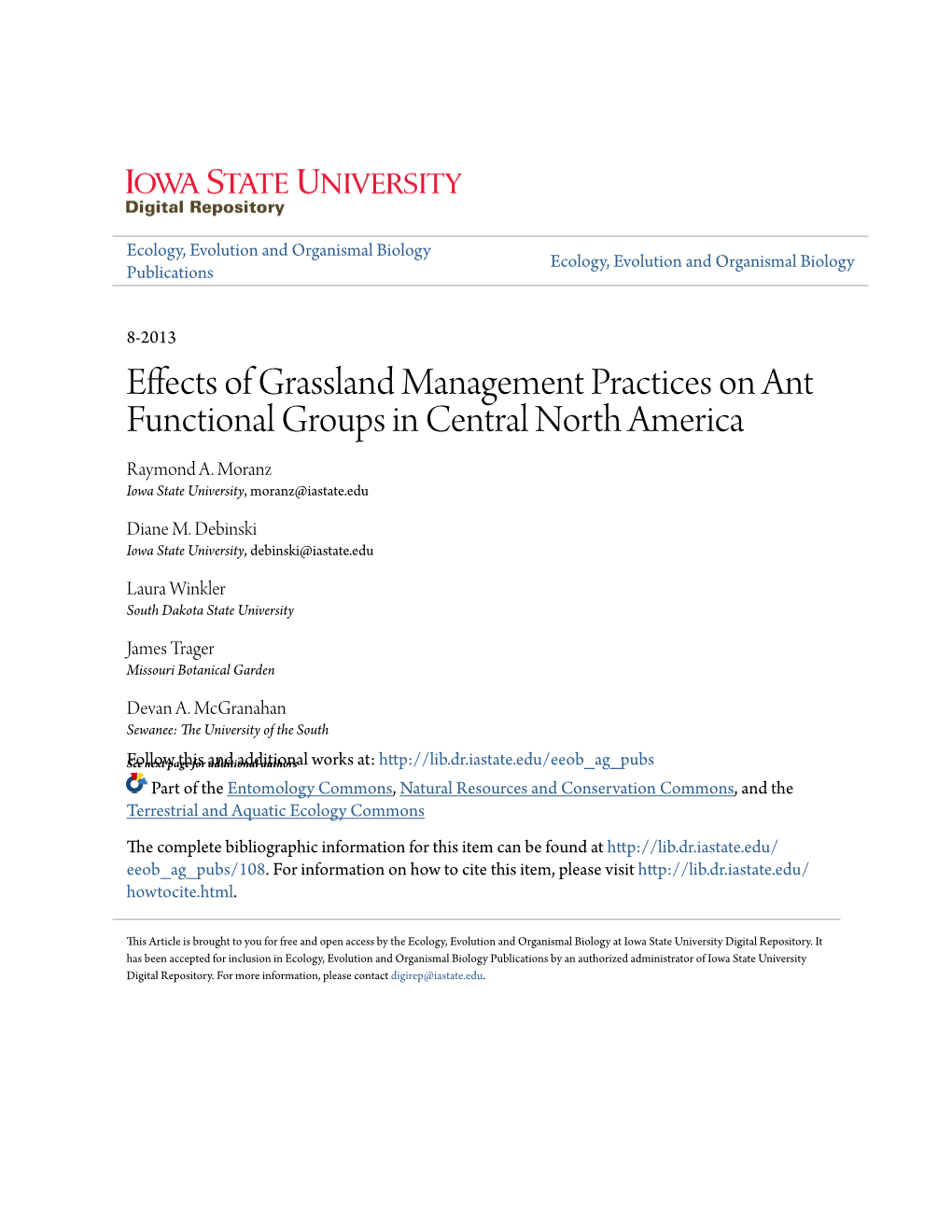 Effects of Grassland Management Practices on Ant Functional Groups in Central North America Raymond A