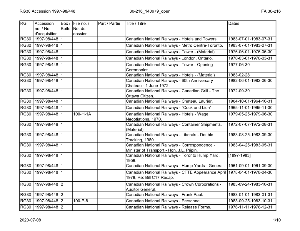 RG30 Accession 1997-98/448 30-216 140979 Open FA 30-216 RG Accession No. / No. D'acquisition Box / Boîte File No. / No. De Doss