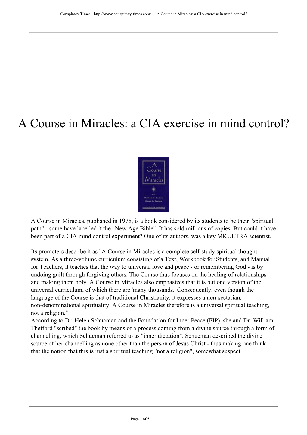 A Course in Miracles: a CIA Exercise in Mind Control?