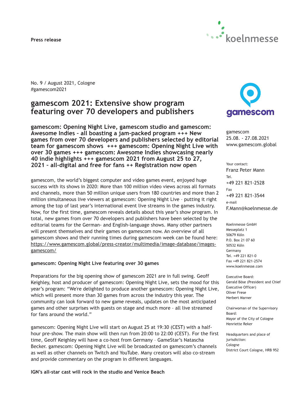 Gamescom 2021: Extensive Show Program Featuring Over 70