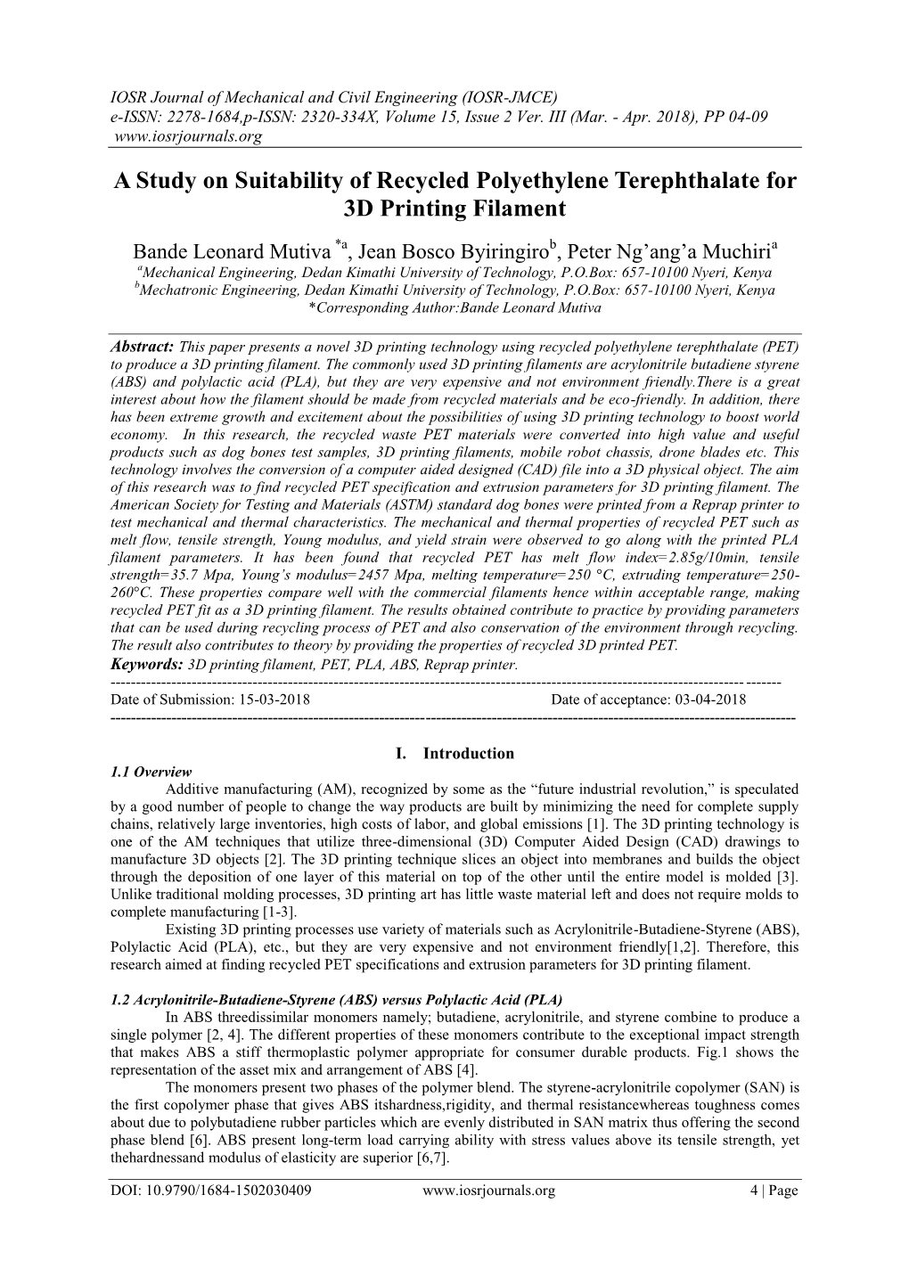 A Study on Suitability of Recycled Polyethylene Terephthalate for 3D Printing Filament