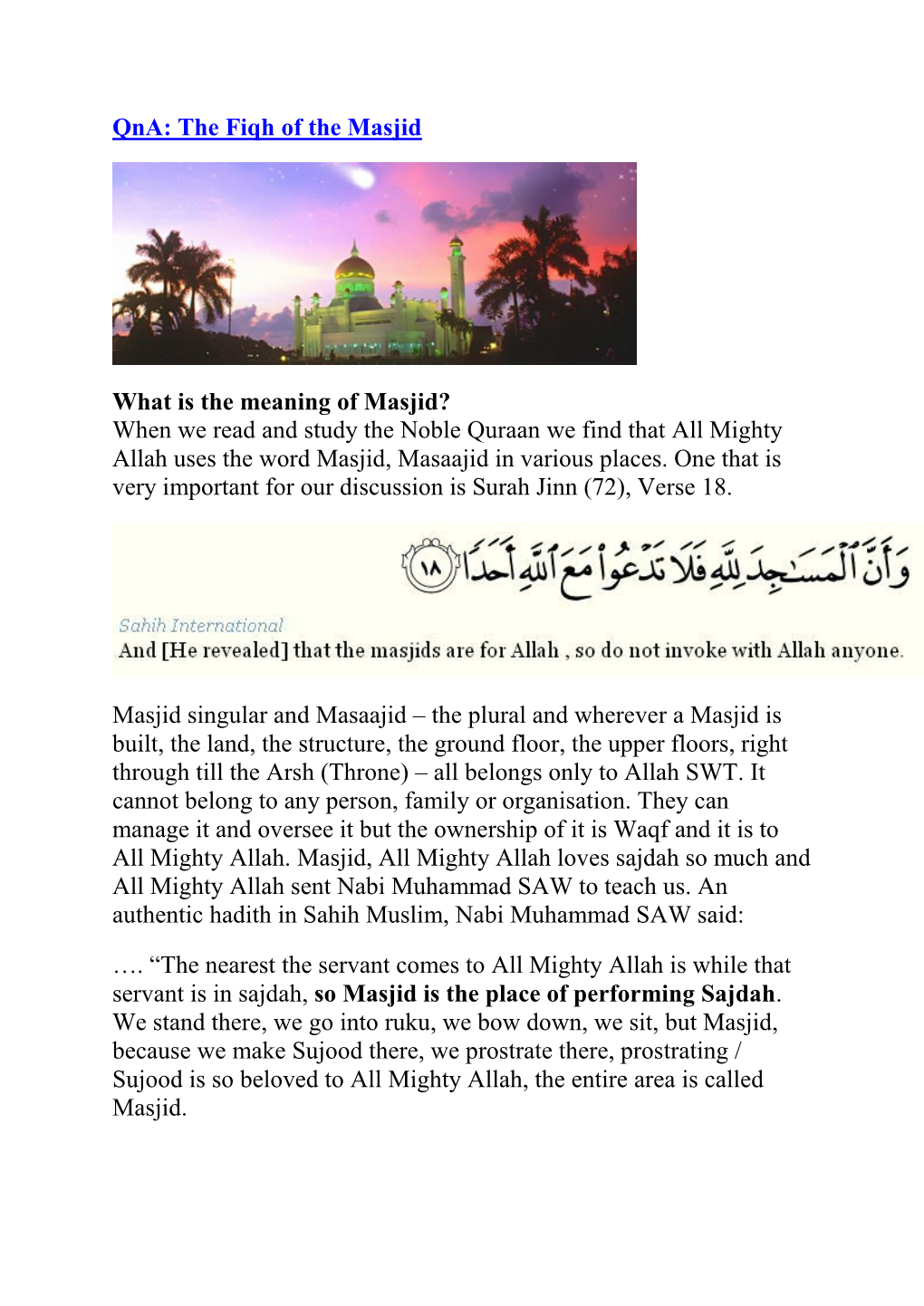 Qna: the Fiqh of the Masjid What Is the Meaning Of