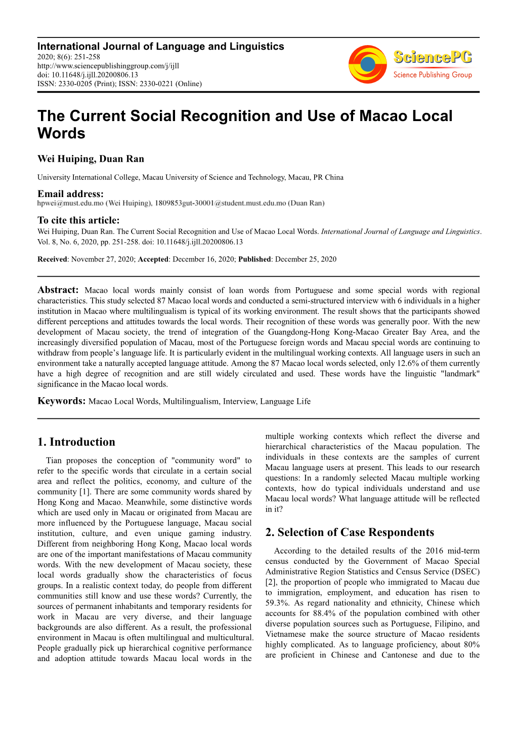 The Current Social Recognition and Use of Macao Local Words
