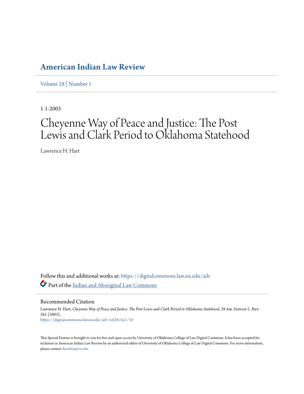 Cheyenne Way of Peace and Justice: the Post Lewis and Clark Period to Oklahoma Statehood, 28 Am