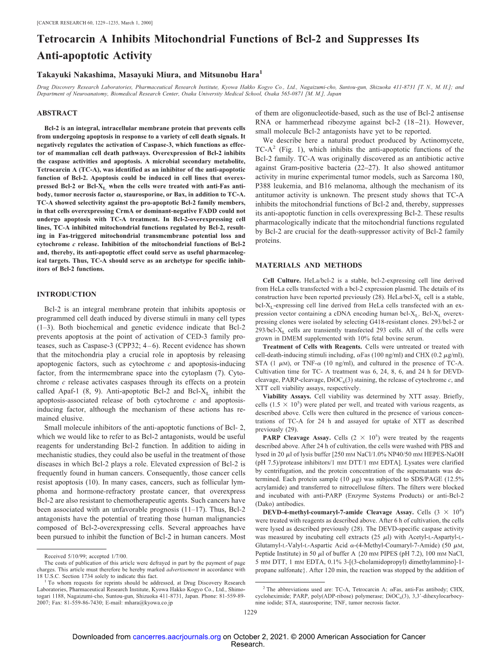 Tetrocarcin a Inhibits Mitochondrial Functions of Bcl-2 and Suppresses Its Anti-Apoptotic Activity