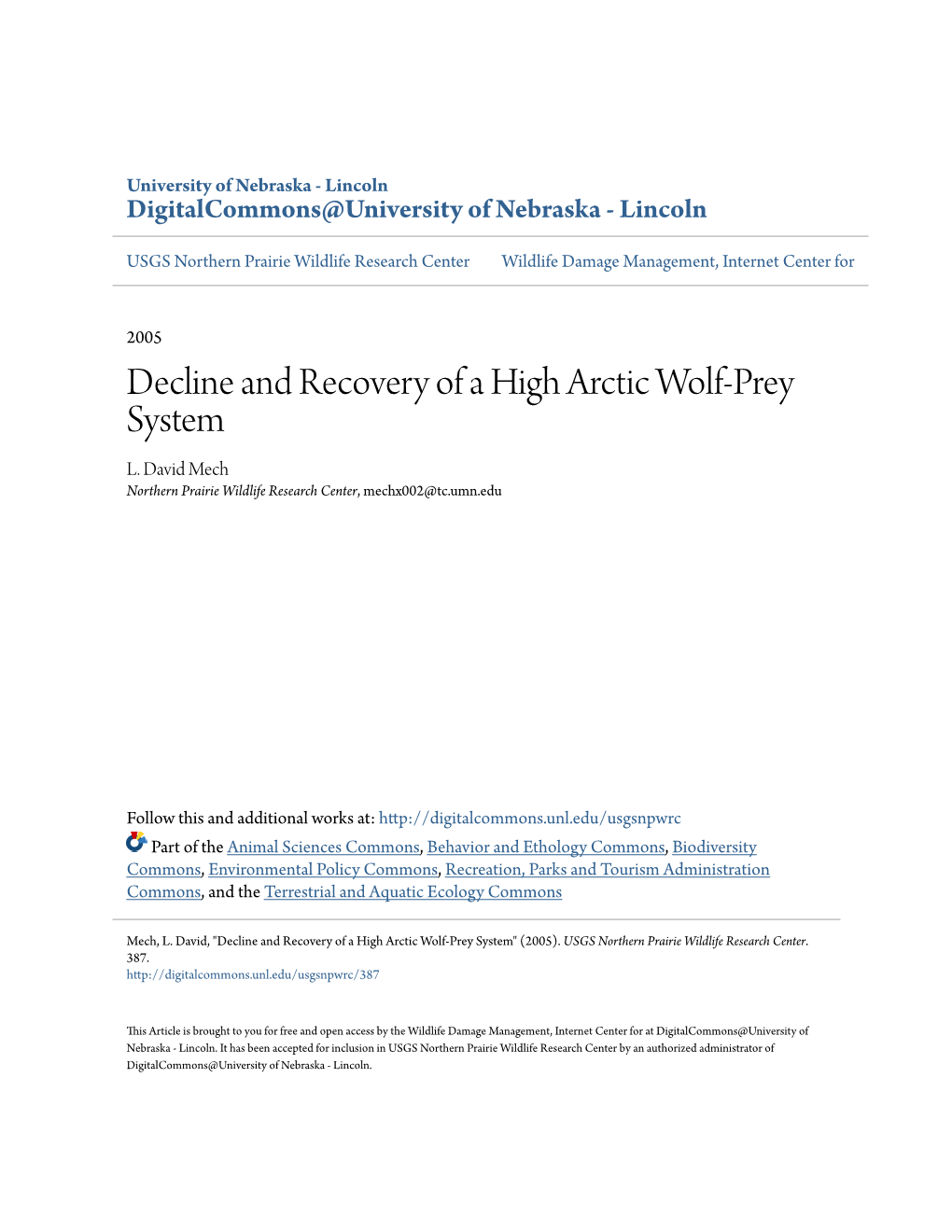 Decline and Recovery of a High Arctic Wolf-Prey System L