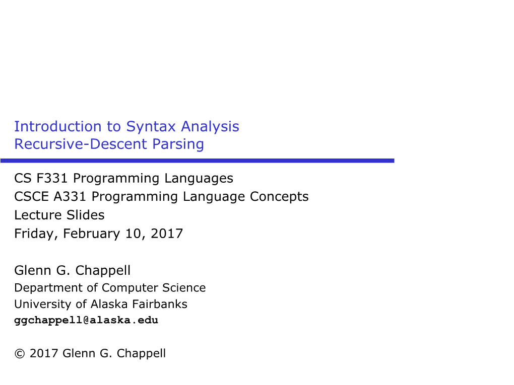 Introduction to Syntax Analysis Recursive-Descent Parsing