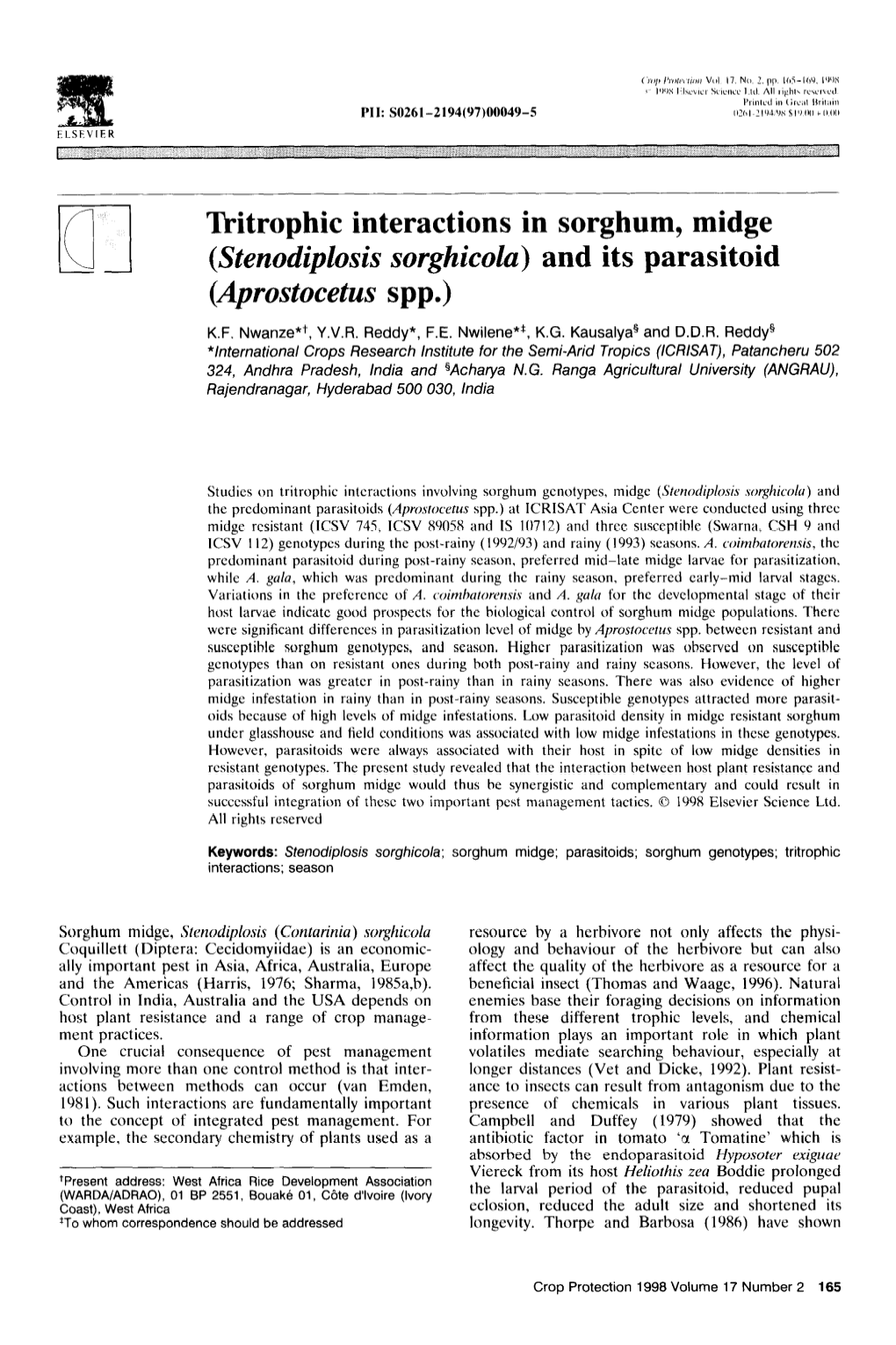 Stenodiplosis Sorghicola) and Its Parasitoid (Aprostocetus Spp.