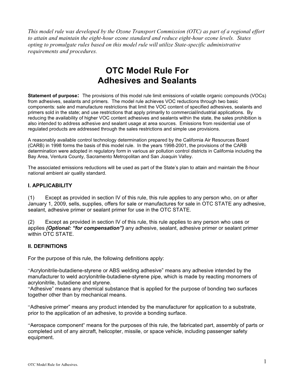 OTC Model Rule For Industrial Adhesives