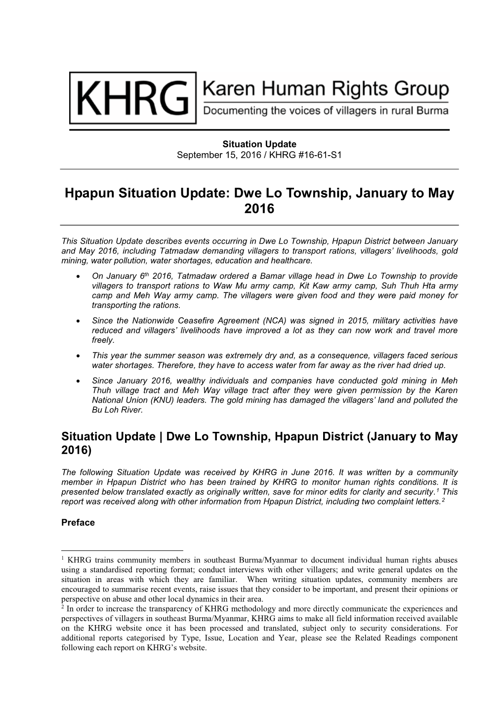 Hpapun Situation Update: Dwe Lo Township, January to May 2016