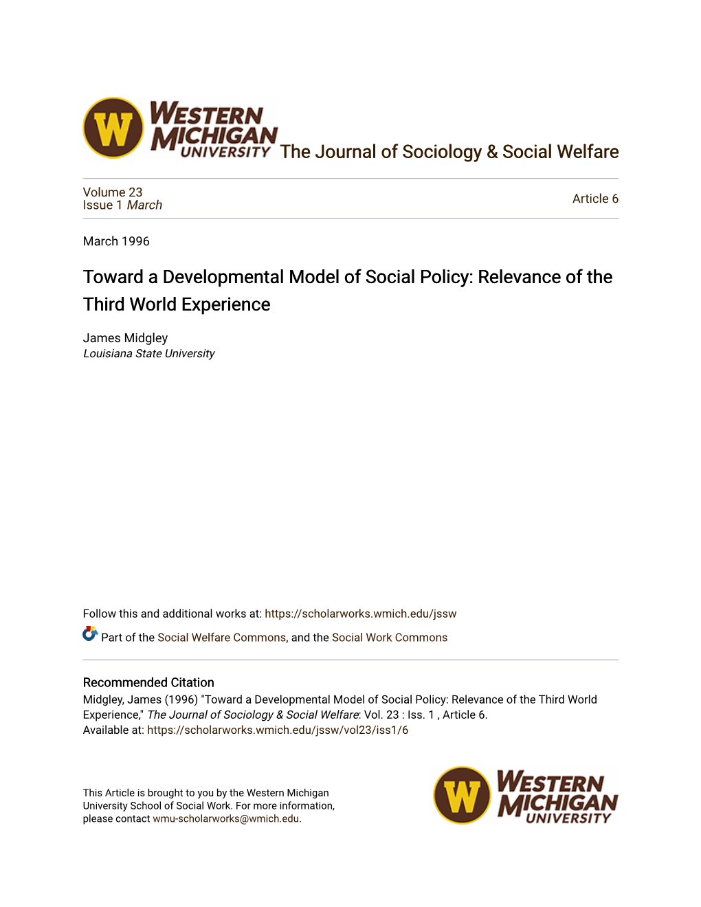 Toward a Developmental Model of Social Policy: Relevance of the Third World Experience