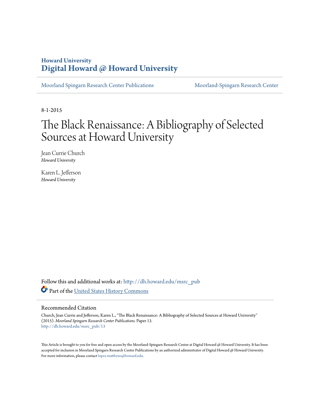 The Black Renaissance: R Bibliography of Selected Sources at Howard Uniuersity