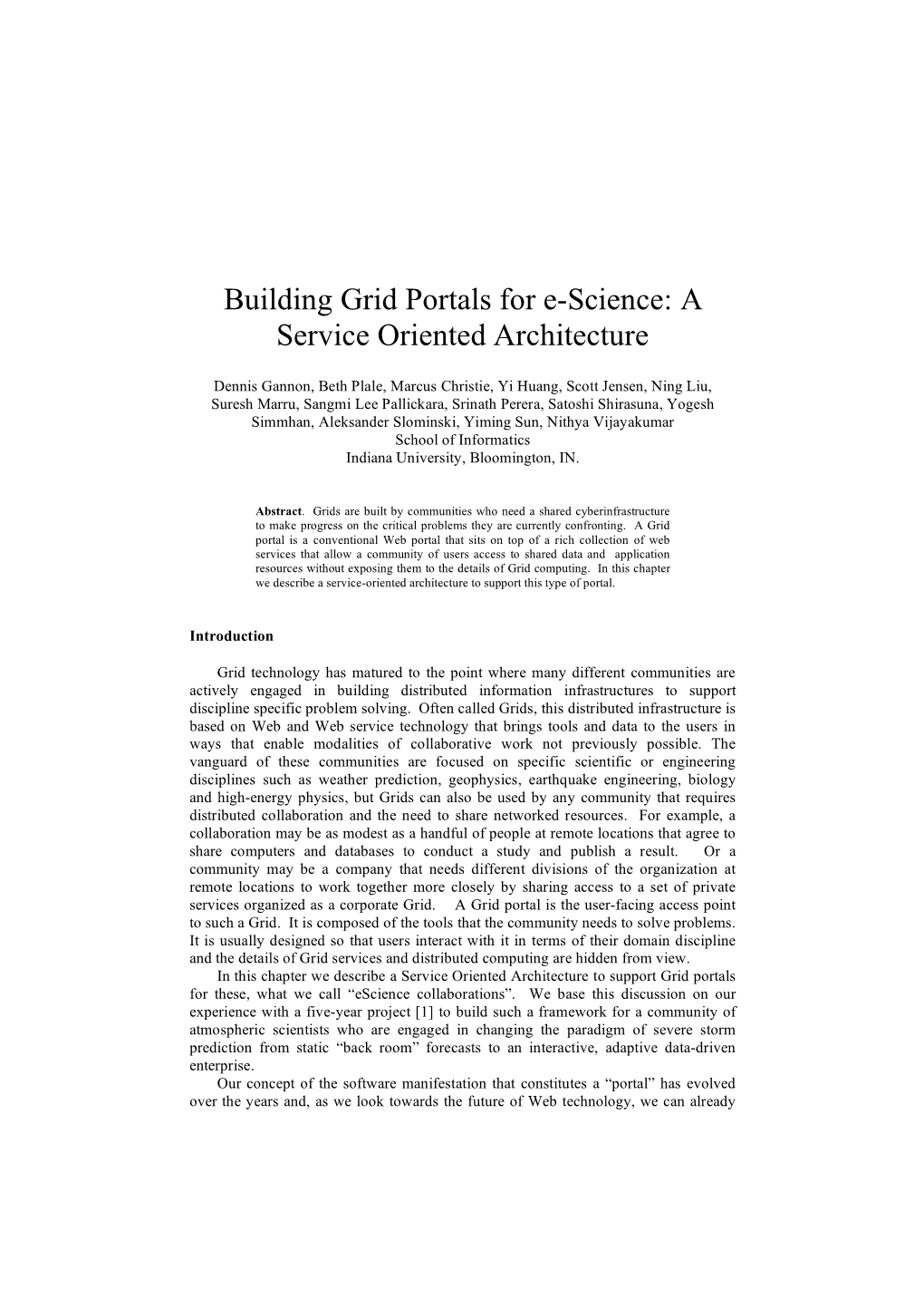 Building Grid Portals for E-Science: a Service Oriented Architecture