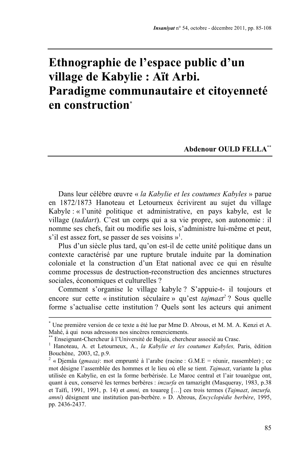 Ethnographie De L'espace Public D'un Village De Kabylie