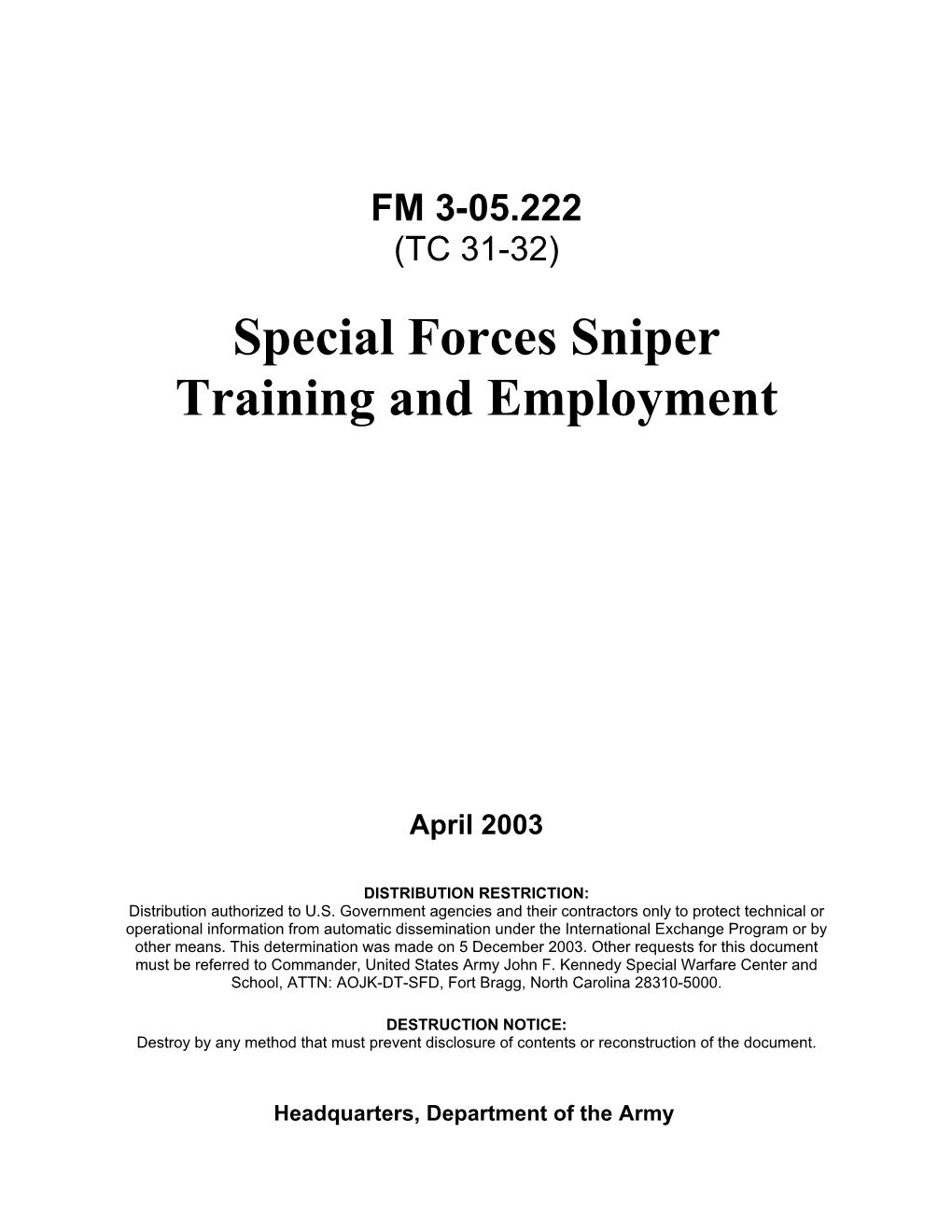 FM 3-05.222: Special Forces Sniper Training and Employment