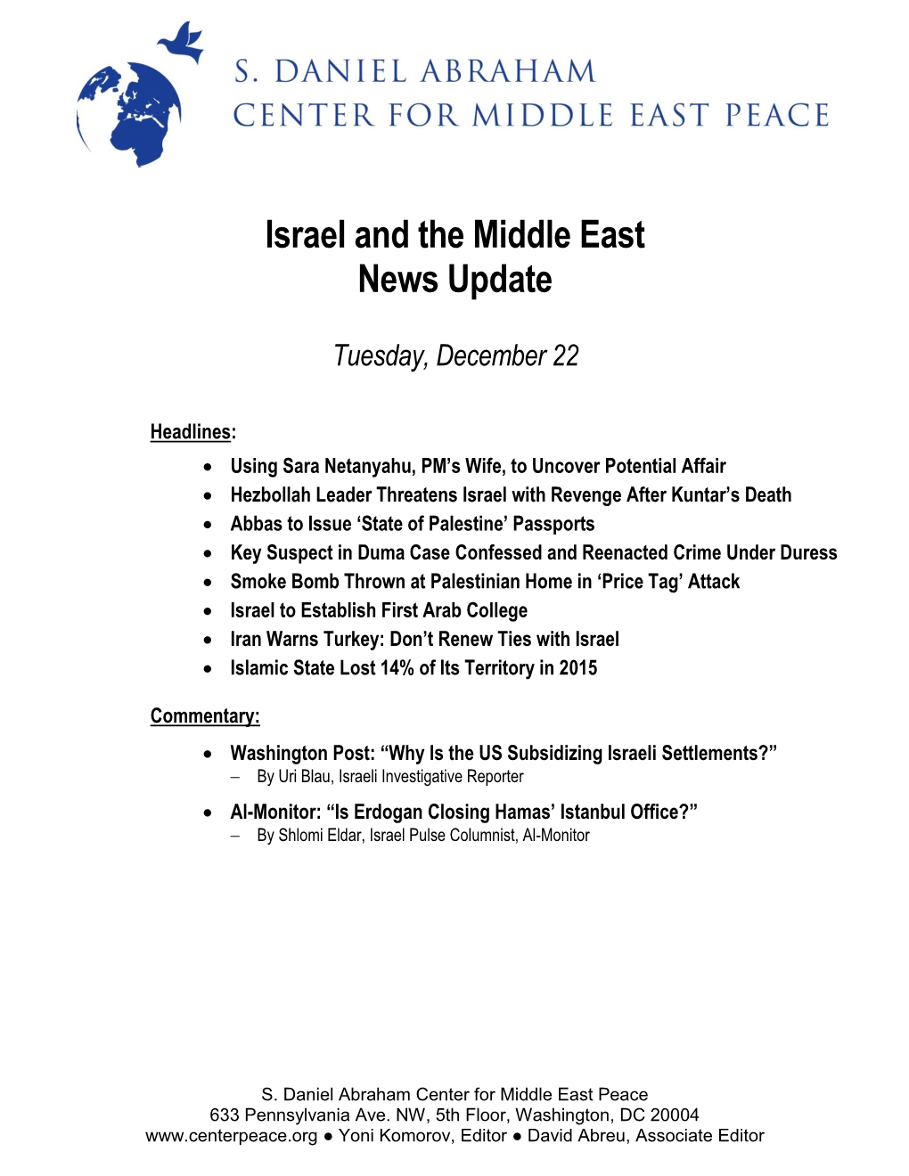 Israel and the Middle East News Update