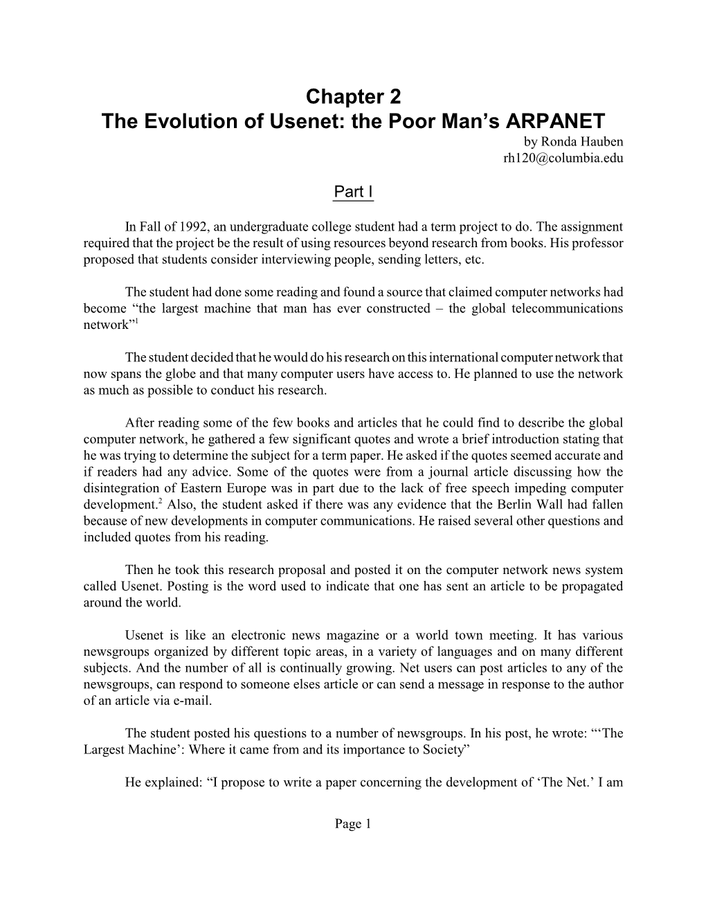 Chapter 2 the Evolution of Usenet: the Poor Man’S ARPANET by Ronda Hauben Rh120@Columbia.Edu