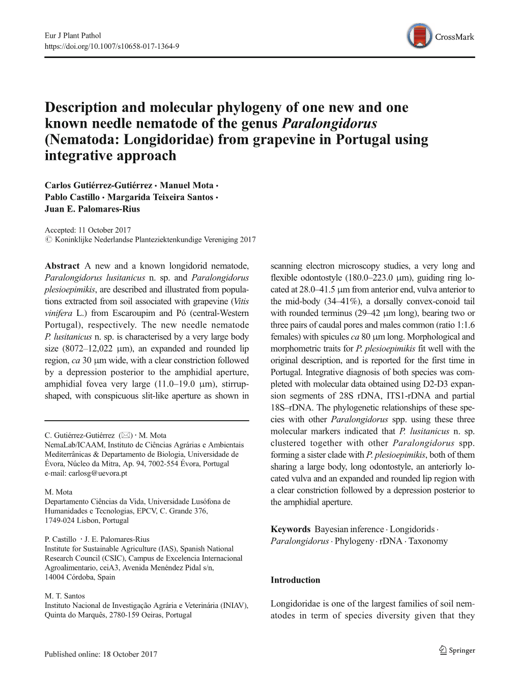 Nematoda: Longidoridae) from Grapevine in Portugal Using Integrative Approach