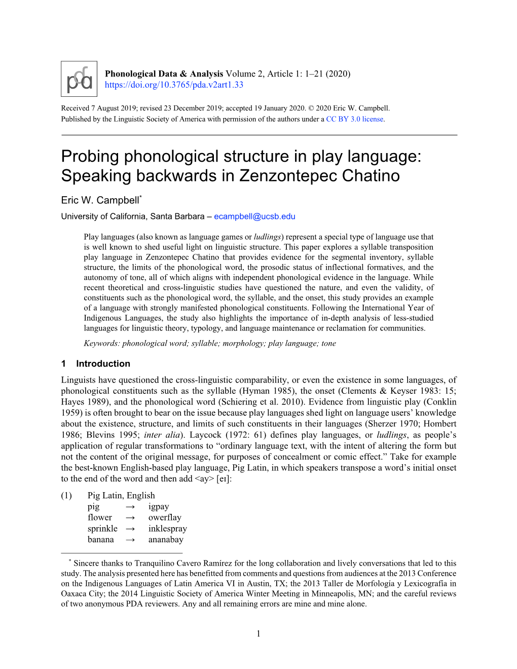 Probing Phonological Structure in Play Language: Speaking Backwards in Zenzontepec Chatino