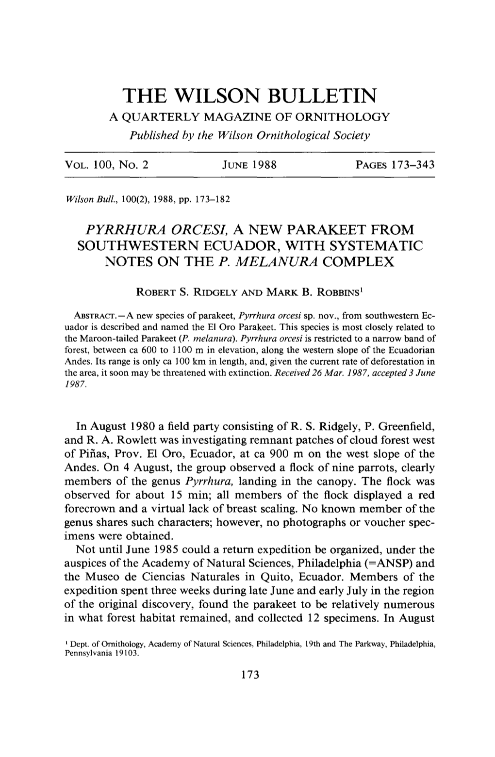 Pyrrhura Orcesi, a New Parakeet from Southwestern Ecuador, with Systematic Notes on the P