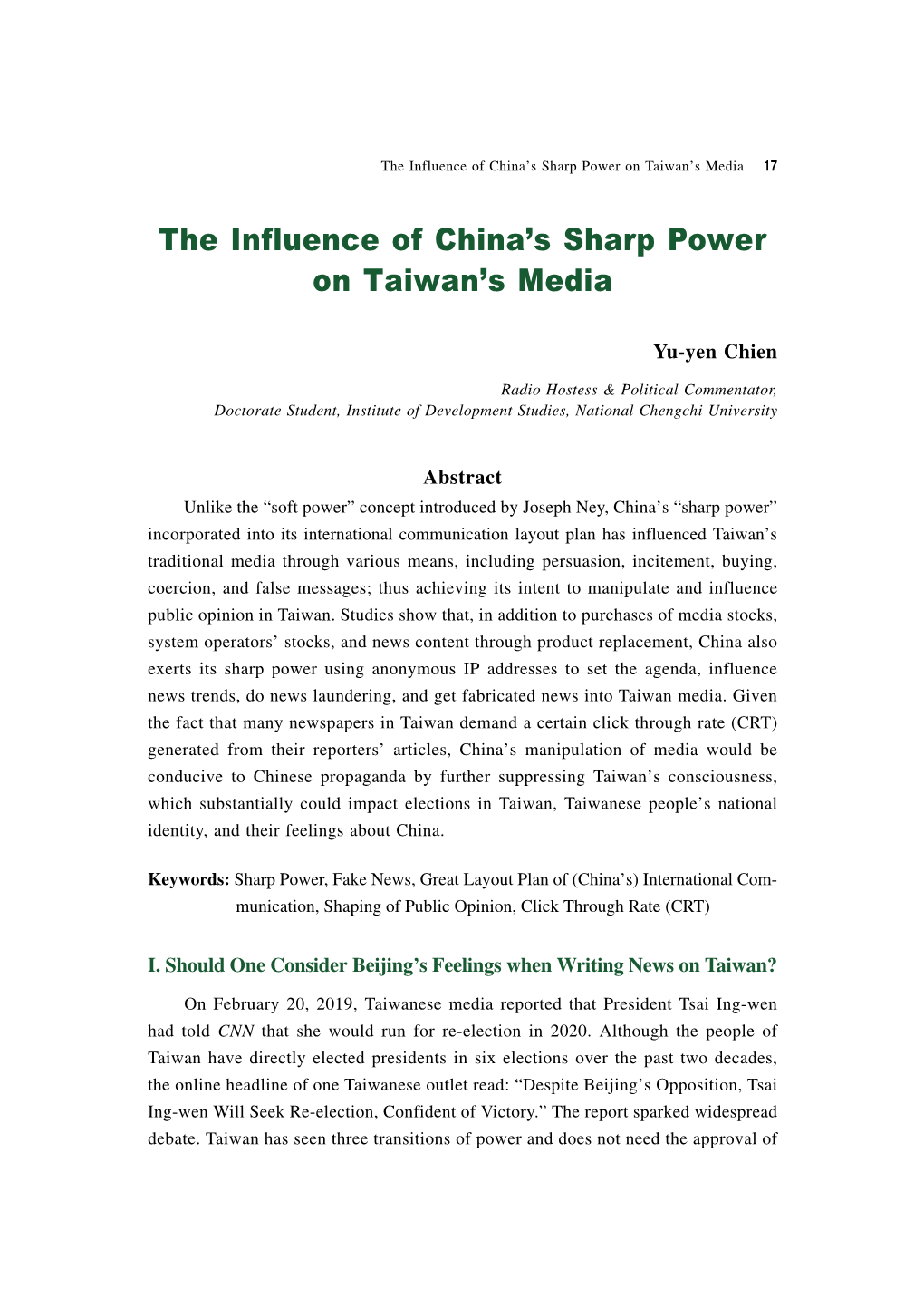 The Influence of China's Sharp Power on Taiwan's Media