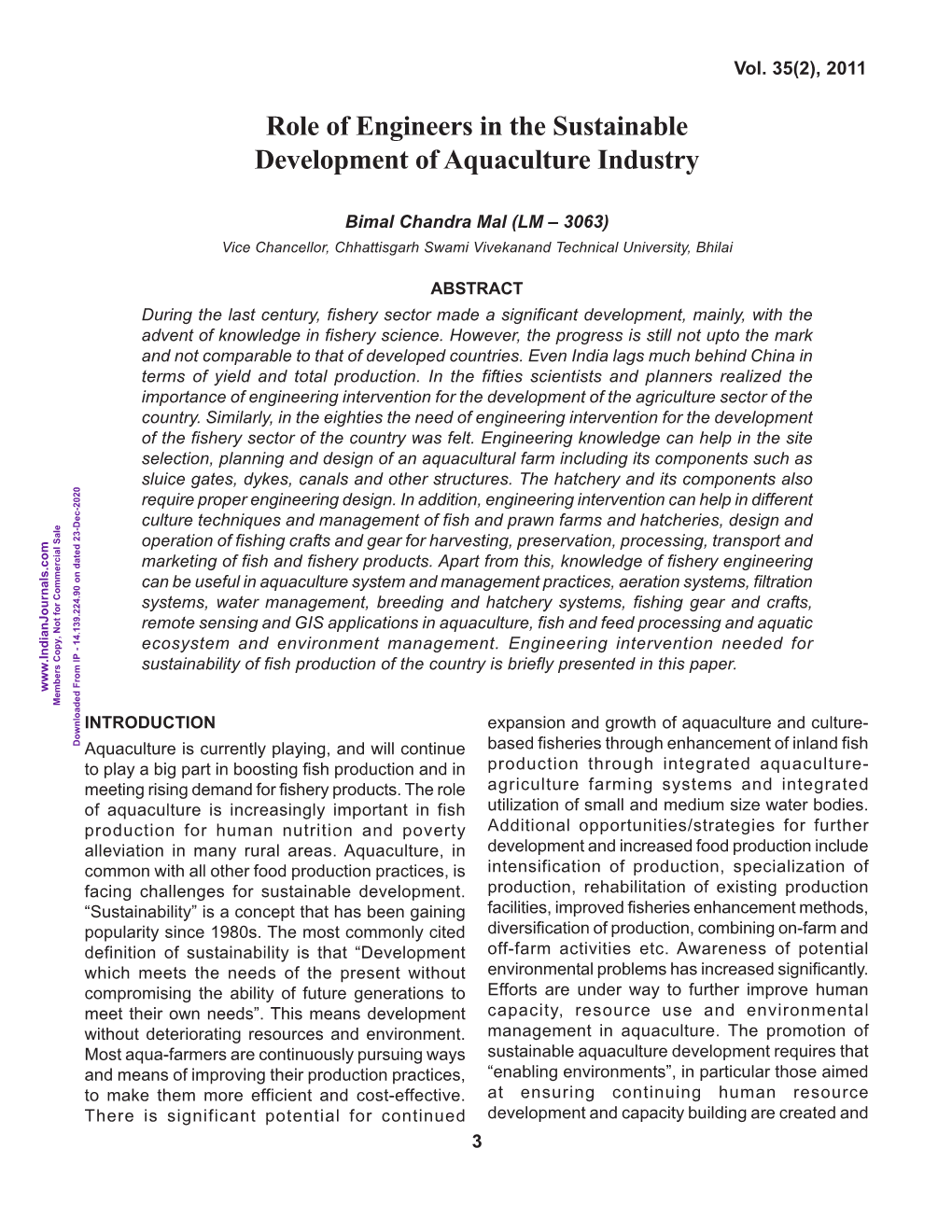 Role of Engineers in the Sustainable Development of Aquaculture Industry