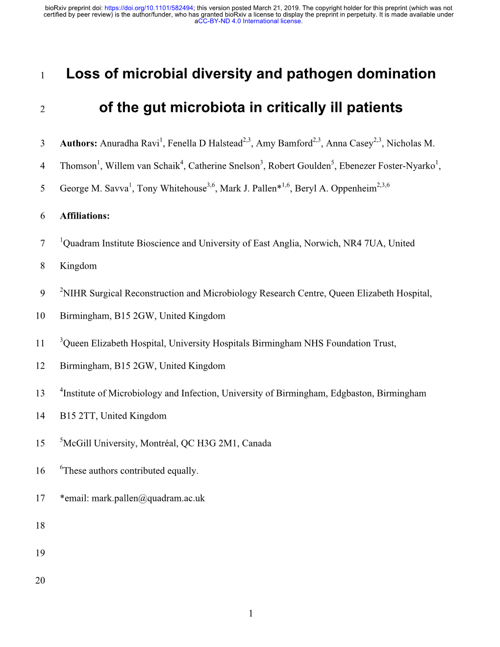 Loss of Microbial Diversity and Pathogen Domination Of