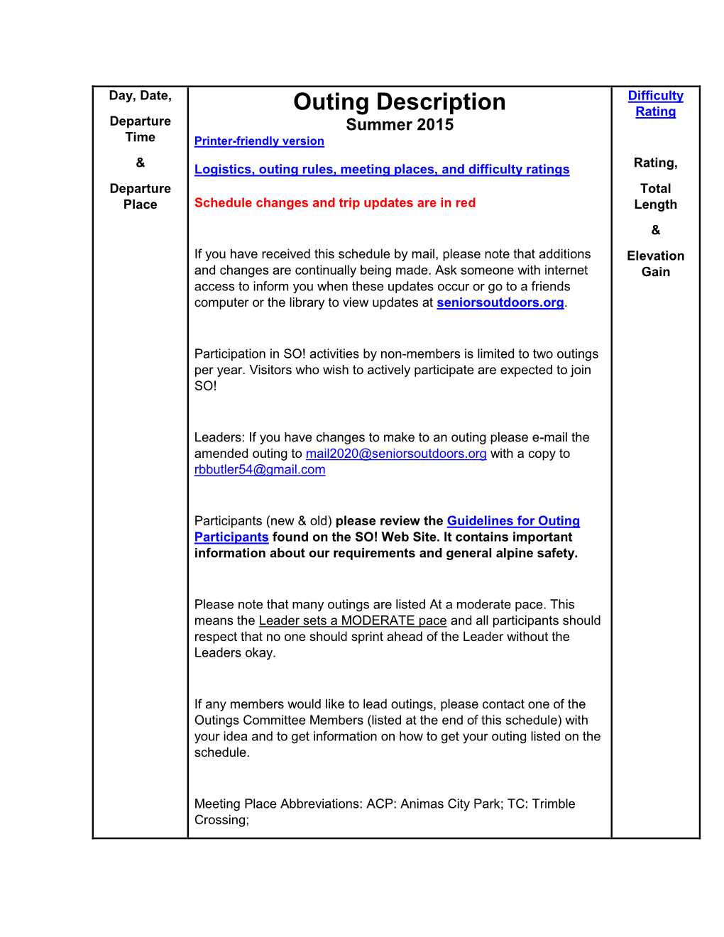 Outing Description Rating Departure Summer 2015 Time Printer-Friendly Version