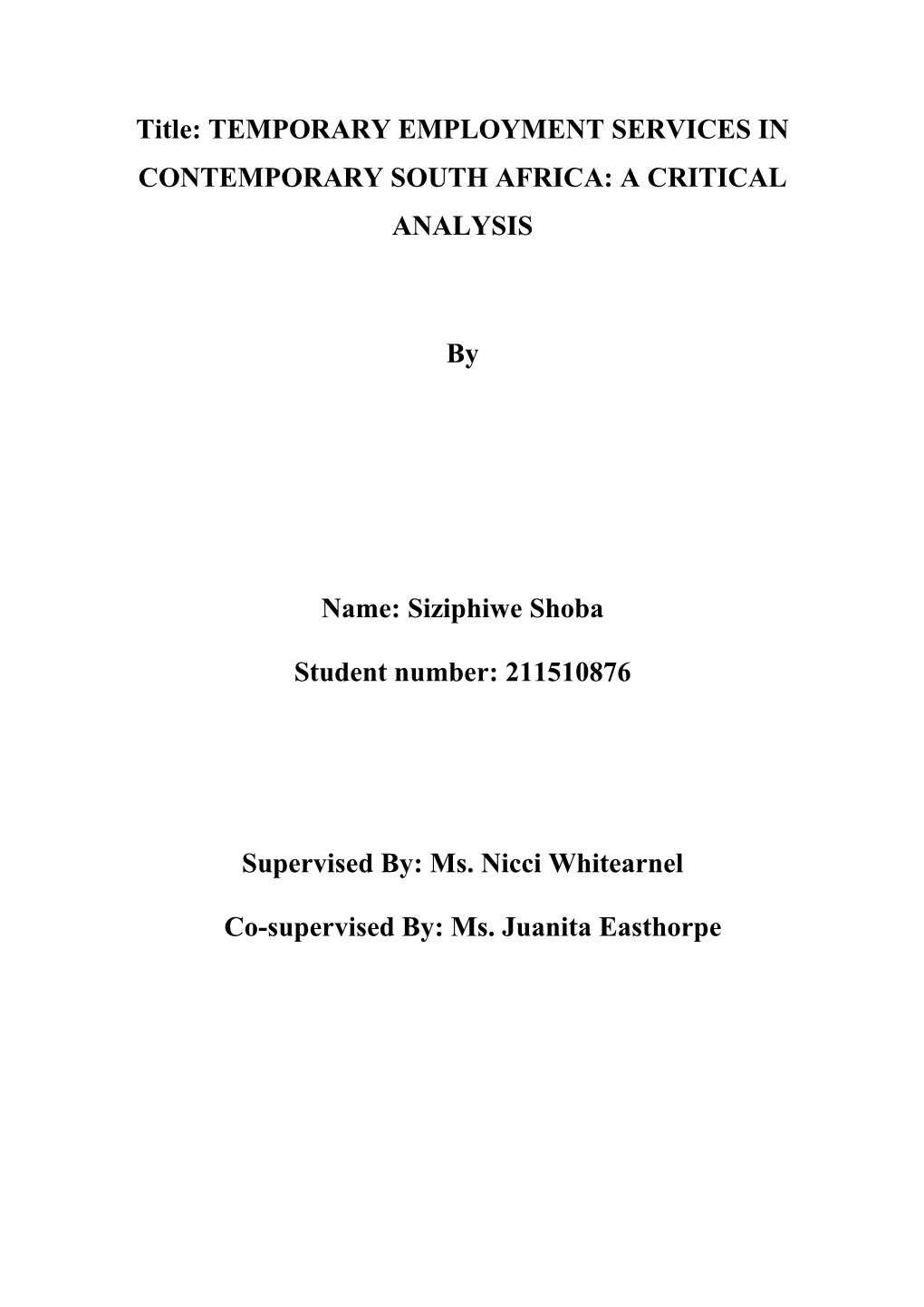 Title: TEMPORARY EMPLOYMENT SERVICES in CONTEMPORARY SOUTH AFRICA: a CRITICAL ANALYSIS