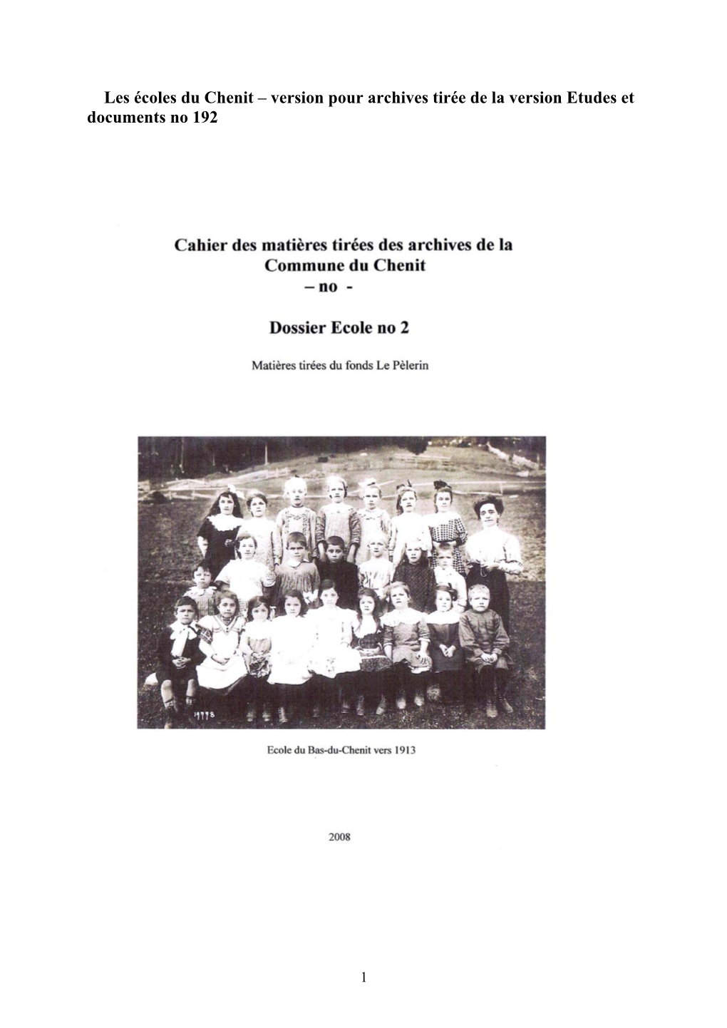 Les Écoles Du Chenit – Version Pour Archives Tirée De La Version Etudes Et Documents No 192