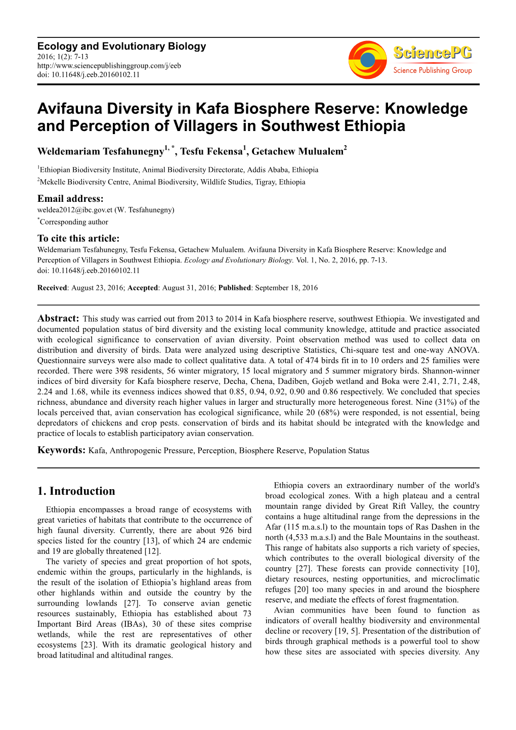 Avifauna Diversity in Kafa Biosphere Reserve: Knowledge and Perception of Villagers in Southwest Ethiopia