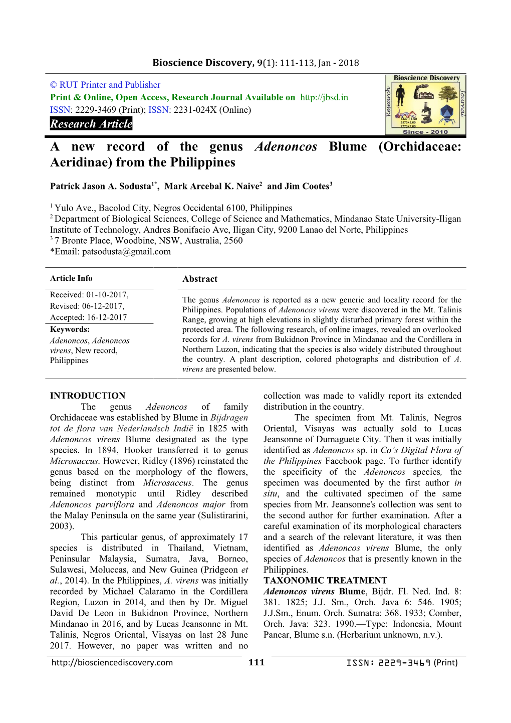 A New Record of the Genus Adenoncos Blume (Orchidaceae: Aeridinae) from the Philippines