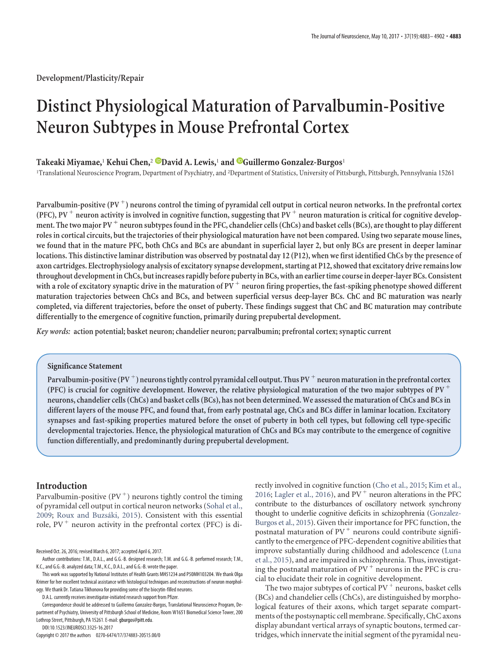 Distinct Physiological Maturation of Parvalbumin-Positive Neuron Subtypes in Mouse Prefrontal Cortex