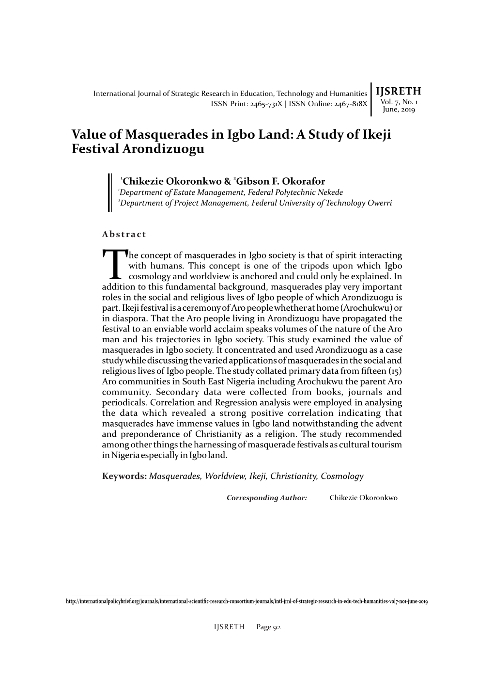 Value of Masquerades in Igbo Land: a Study of Ikeji Festival Arondizuogu